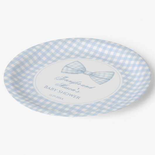 可愛い名門私立校風のブルーのボウタイboho男の赤ちゃんシャワー ペーパープレート (アングル)