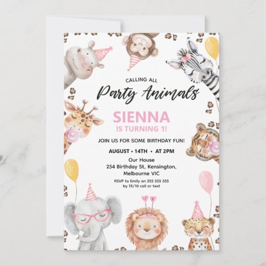 可愛い呼び出し全パーティー動物サファリ1歳の誕生日 招待状 (正面)