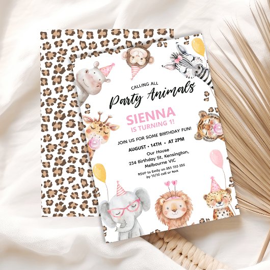 可愛い呼び出し全パーティー動物サファリ1歳の誕生日 招待状