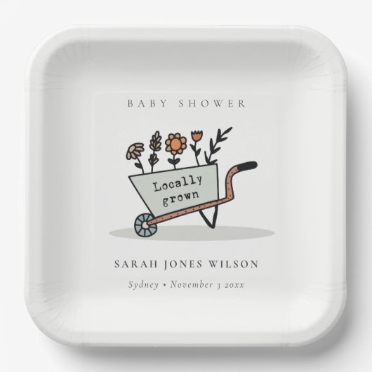 可愛い地元で育ったグレーのフローラカート赤ちゃんシャワー ペーパープレート (正面)
