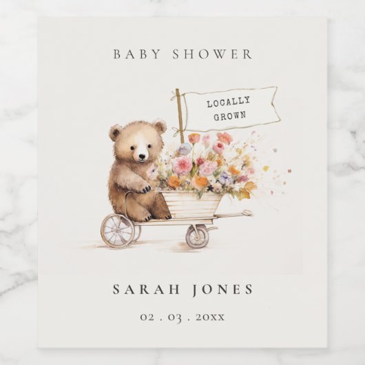 可愛い地元で育ったテディフローラカート赤ちゃんシャワー ワインラベル (シングルラベル)