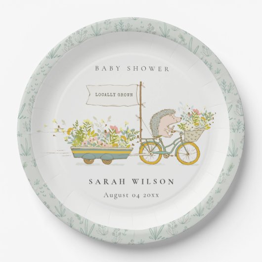可愛い地元で育ったハリネズミのフローラバイクベビーシャワー ペーパープレート (正面)