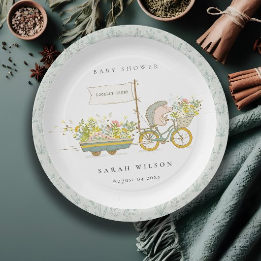 可愛い地元で育ったハリネズミのフローラバイクベビーシャワー ペーパープレート