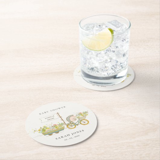 可愛い地元で育ったハリネズミのフローラバイクベビーシャワー ラウンドペーパーコースター (インサイチュ)