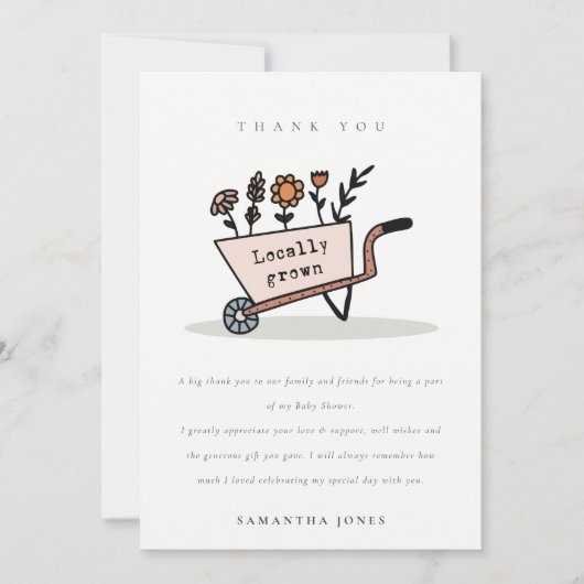 可愛い地元で育った赤面フローラカート赤ちゃんシャワー サンキューカード (正面)