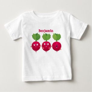 可愛い大根がトリオの漫画野菜を歌う ベビーTシャツ