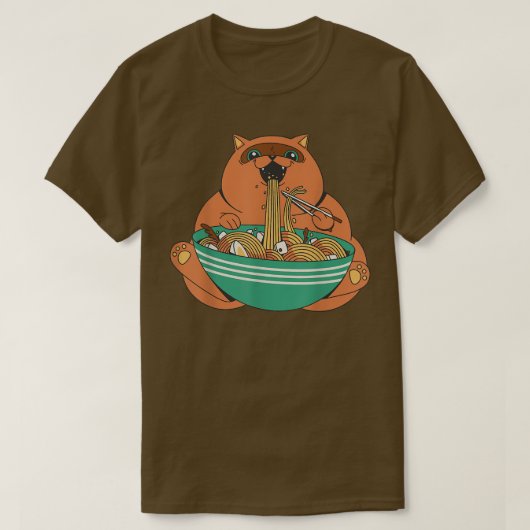 可愛い太っ食べぽい猫ラーメン好き Tシャツ (デザイン正面)