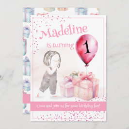 可愛い女お洒落の子1歳の誕生日ピンクのバルーンギフト 招待状