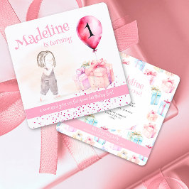 可愛い女お洒落の子1歳の誕生日ピンクのバルーンギフト 招待状