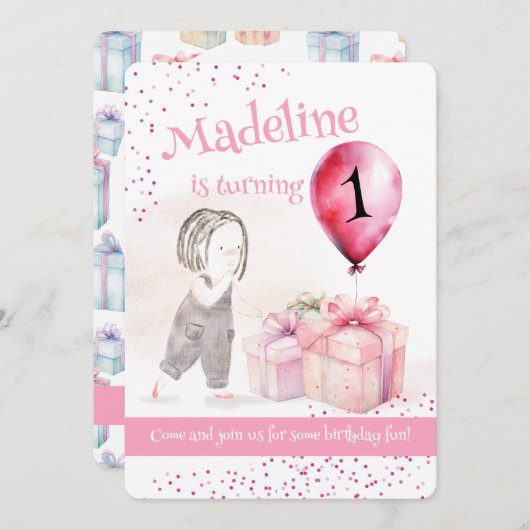 可愛い女お洒落の子1歳の誕生日ピンクのバルーンギフト 招待状 (正面/裏面)