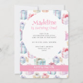 可愛い女お洒落の子1歳の誕生日ピンクのバルーンギフト 招待状 (裏面)