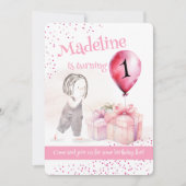 可愛い女お洒落の子1歳の誕生日ピンクのバルーンギフト 招待状 (正面)