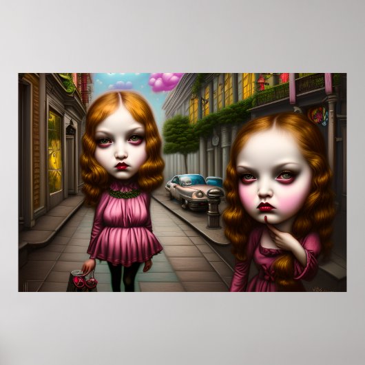 可愛い女の子が通りで写真を撮る ポスター (正面)