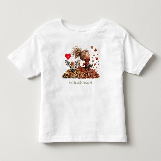 可愛い女の子と子鹿と落ち葉 トドラーTシャツ (正面)