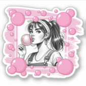 可愛い女の子とBuble、漫画おもしろい、漫画ブラック&ホワイト シール (正面)