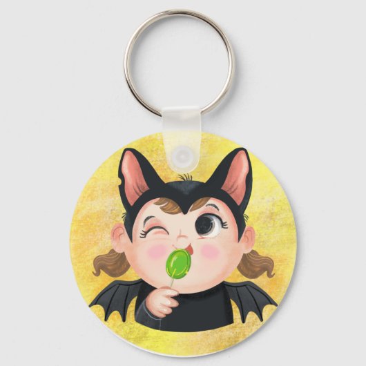 可愛い女の子のこうもりハロウィーンの衣装紙プレート キーホルダー (正面)