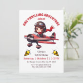 可愛い女の子の赤いビンテージ飛行機 子供の1歳の誕生日 招待状 (スタンド正面)