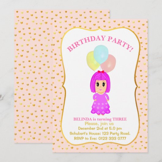 可愛い女の子の3歳の誕生日招待状 招待状 (正面/裏面)