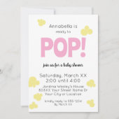 可愛い女の子ポップ・アートのピンクのポップコーン赤ちゃんシャワー準備 招待状 (正面)