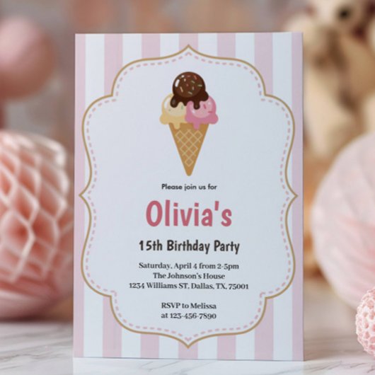 可愛い女子学生のアイスクリーム誕生日会 招待状