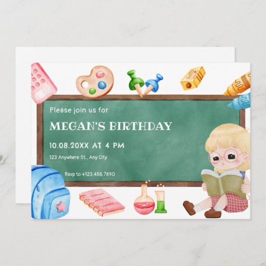 可愛い女子学生チョークボード誕生日 招待状 (正面/裏面)