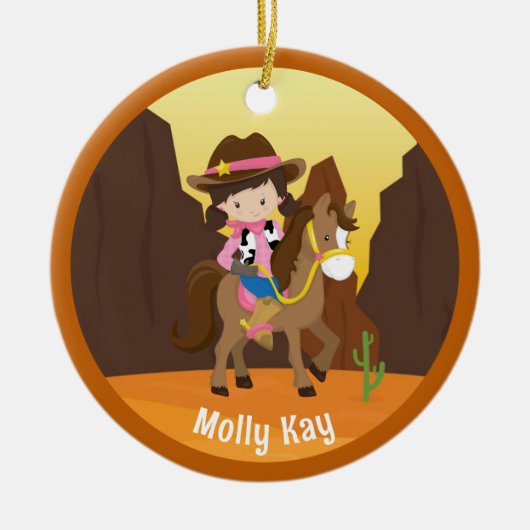 可愛い女性のカーボーイパーソナライズされたキッズネームクリスマス セラミックオーナメント (正面)