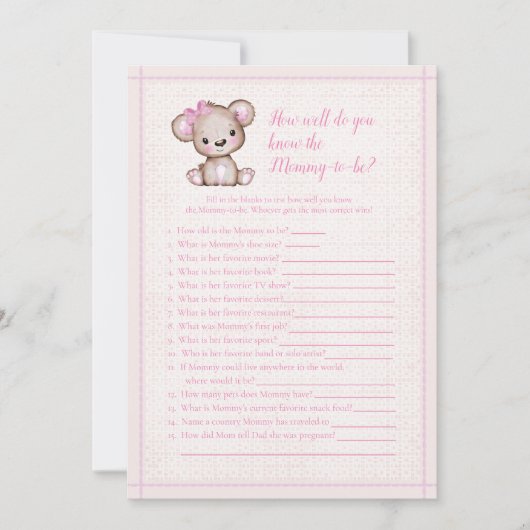 可愛い女最高のの子のベアーゲームカードを知っている 招待状 (正面)