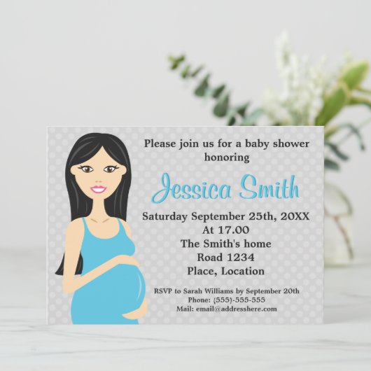 可愛い妊婦のブルードレス赤ちゃんシャワー 招待状 (スタンド正面)
