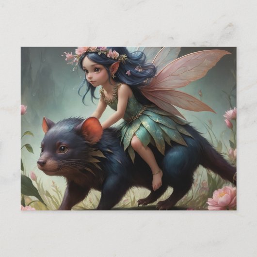 可愛い妖精がタスマニアの悪魔のファンタジーアートに乗る ポストカード (正面)