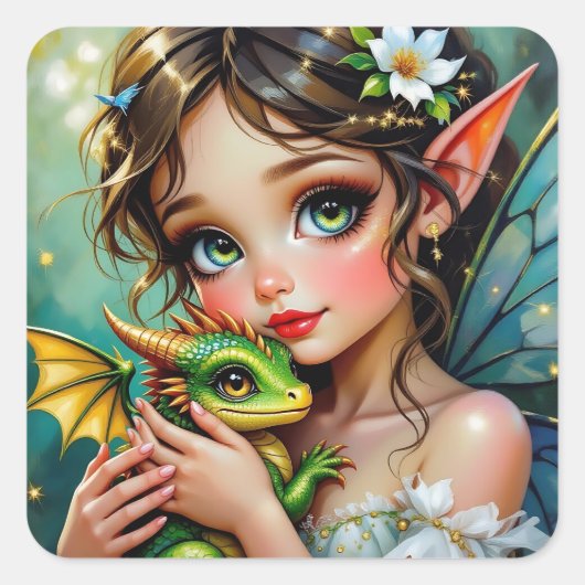 可愛い妖精とドラゴンのテーマの女の子の スクエアシール (正面)