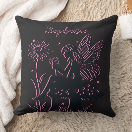 可愛い妖精のキノコとフラワーブラック&ピンク クッション (ブランケット)