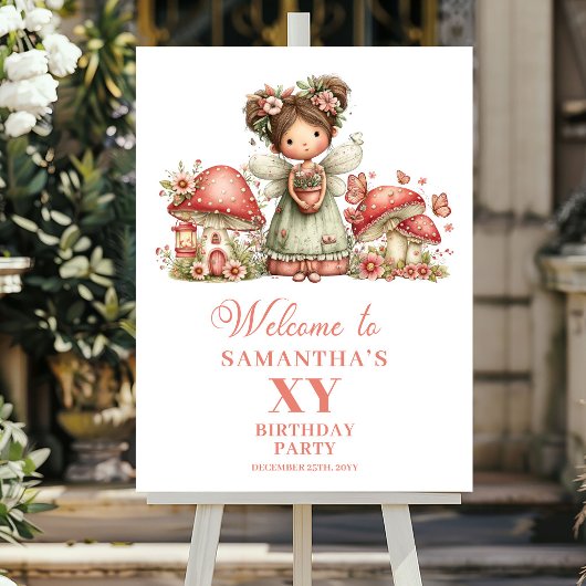 可愛い妖精のピンクの花の誕生日ウェルカムポスター ポスター
