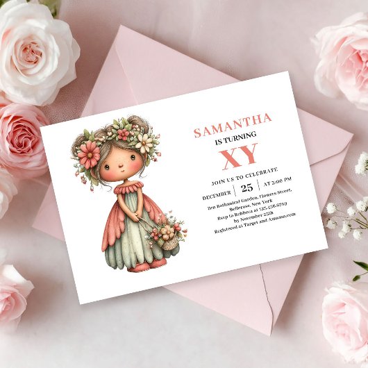 可愛い妖精の女の子の誕生日ピンクの花のマジック招待状 招待状