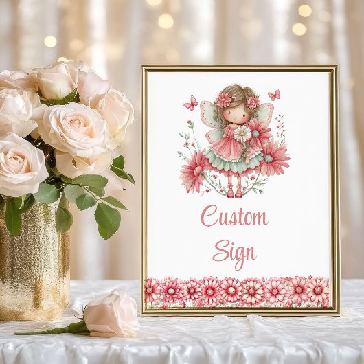 可愛い妖精の女の子 ピンクの花の誕生日カスタム  ポスター