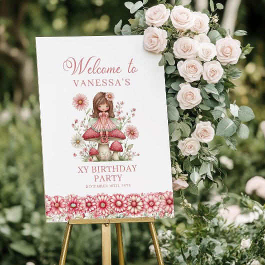 可愛い妖精の女の子 ピンクの花 誕生日 ウェルカムサイン ポスター