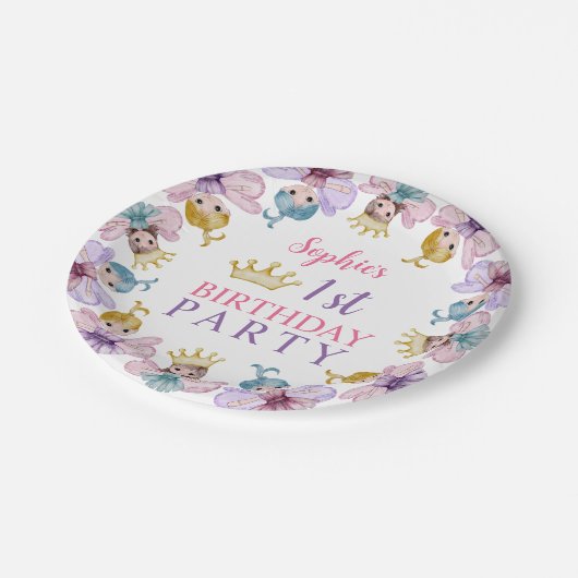 可愛い妖精プリンセスピンク&パープル1歳の誕生日 ペーパープレート (アングル)