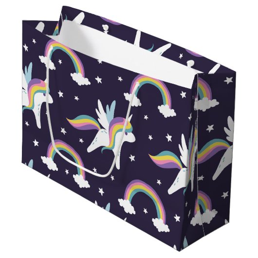 可愛い妖精ユニコーン+虹の青い背景 ラージペーパーバッグ (正面アングル)
