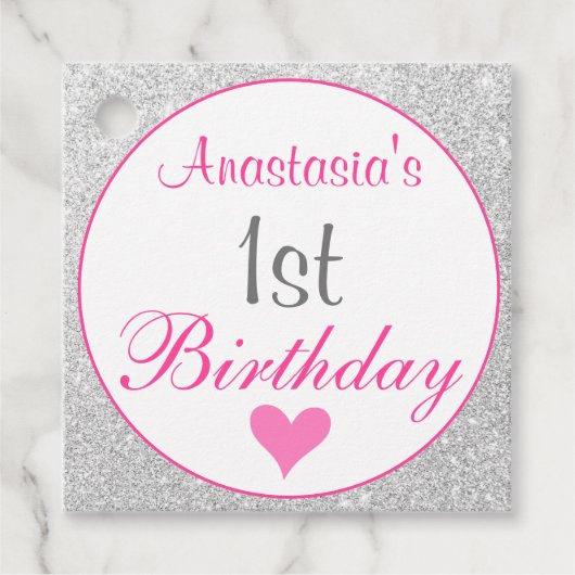 可愛い姫ピンクとシルバーのラメの1歳の誕生日 フェイバータグ (正面)