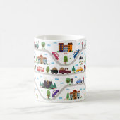 可愛い子供っぽい街並みバスカー漫画のパターン コーヒーマグカップ (中央)