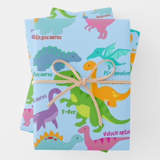 可愛い子供の恐竜と名前ブルー ラッピングペーパーシート (インサイチュ)