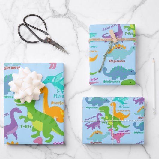 可愛い子供の恐竜と名前ブルー ラッピングペーパーシート (正面)