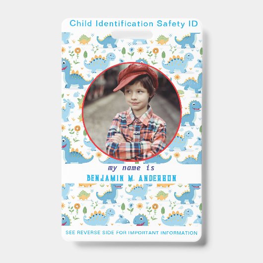 可愛い子供の恐竜カラフルのカスタム写真の子供ID バッジ (正面)
