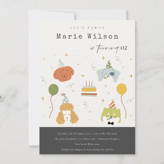 可愛い子供パーティー子犬Any Age誕生日 招待状 (正面)