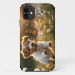 可愛い子犬が蝶を追いかける iPhone 11 ケース