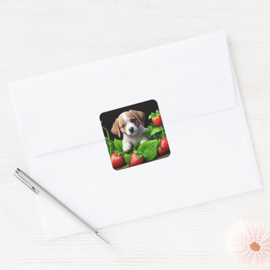 可愛い子犬とイチゴの束 スクエアシール (封筒)