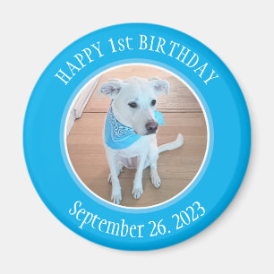 可愛い子犬とブルースカーフ幸せ1歳の誕生日 マグネット