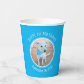 可愛い子犬とブルースカーフ幸せ1歳の誕生日 紙コップ (裏面)