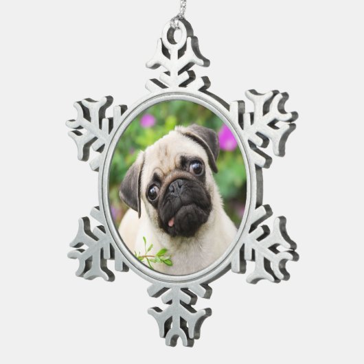 可愛い子犬パピドッグ顔ペット写真 –  スノーフレークピューターオーナメント (右)