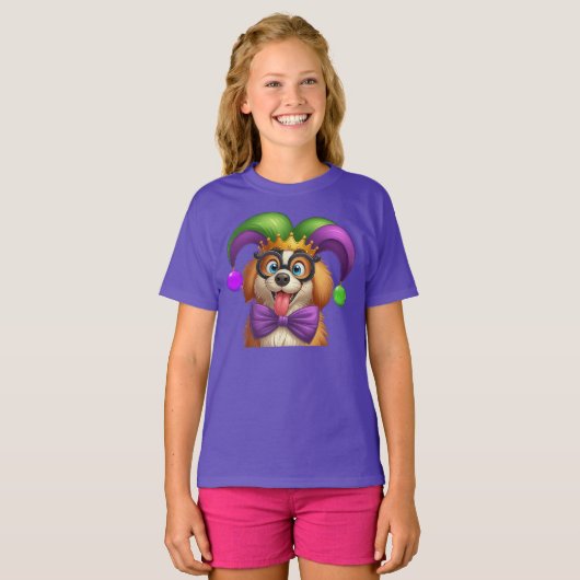 可愛い子犬マルディグラのジェスターハット Tシャツ (正面フル)