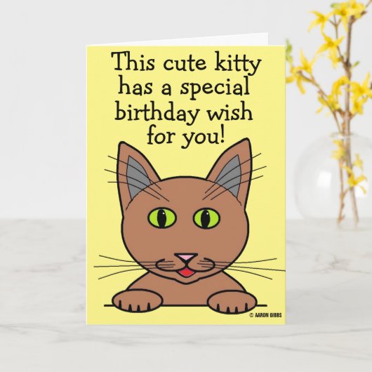 可愛い子猫おもしろいプリン誕生日カード カード (黄色い花)